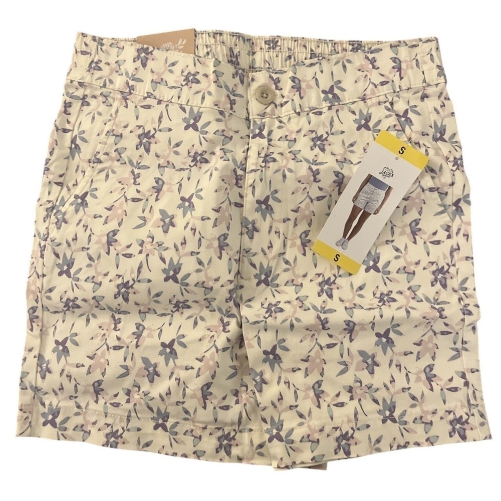Jachs Girlfriend Women Floral Stretch Satin Chino Shorts White Purple Size S NEW